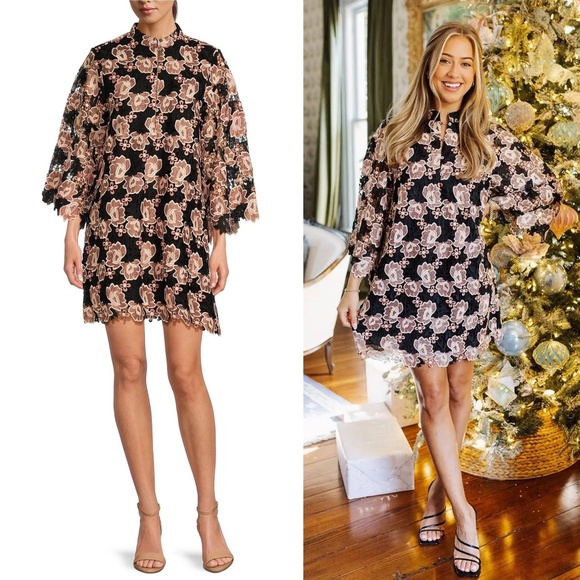 J.MarieTalia Floral Lace Mandarin Collar Bell Mid Sleeve Shift Above Knee Dress - Picture 1 of 4